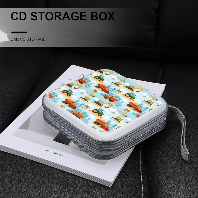 Portable DVD CD Organizer Wallet Under Construction, 40-Capacity Hard Case with Strap, Protective Storage Binder for Car Home
