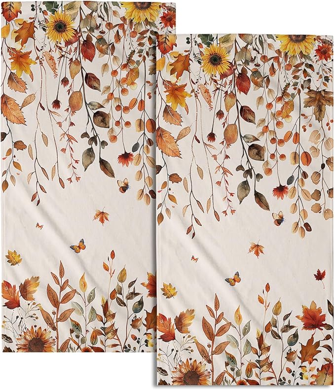Giwawa Fall Maple Leaves Hand Towels Set of 2 Autumn Sunflower Dish Towel Soft Absorbent Guest Fingertip Bath Towel for Bathroom Kitchen Decorative