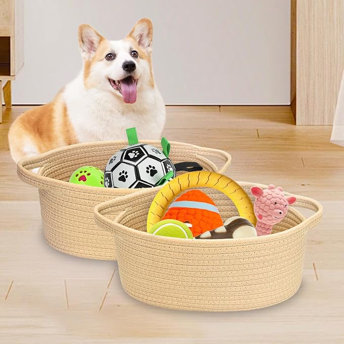 ABenkle Small Basket with Handles, Boho Decorative Rope Woven Dog Cat Toy Storage Bin Shelf Storage Organizer, Easter Christmas Gift Basket, 12"x8"x5"