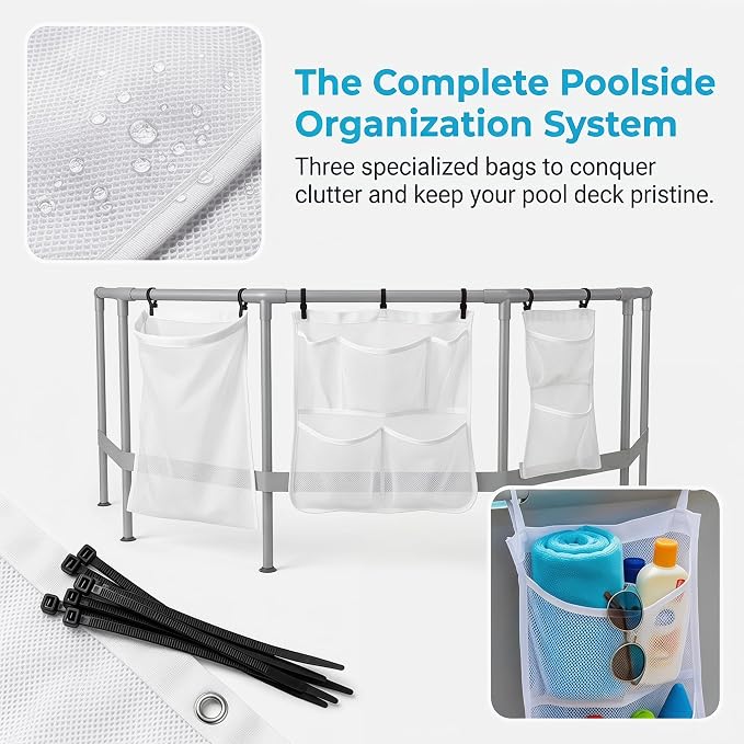 3 Pieces Pool Storage Set for Above Ground Pool Accessories, Hanging Pool Organizer Bags for Pool Noodles, Large Floats, Toys, Sports Balls, Towels & Beverages