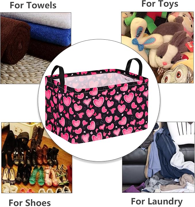 MAIZMZ Empty Gift Basket for Girls Heart Print Storage Cube for Women, Closet Shelf Waterproof Organizer Bins with Handles Nursery hamper Kids Toys Books Box Room Deco