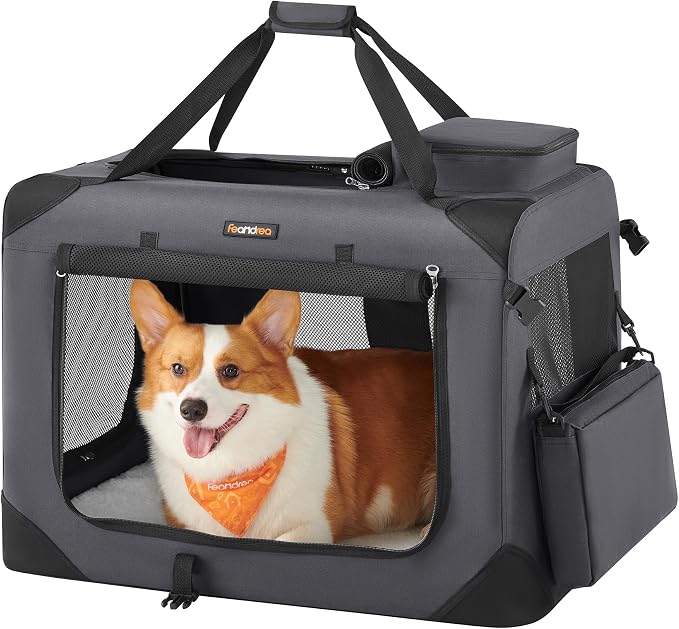Feandrea Collapsible Soft Dog Crate, Portable Travel, 28 Inches | Dog Carrier Kennel with Safety Zippers for Living Room, Car, Travelling, Gray UPDC70GY
