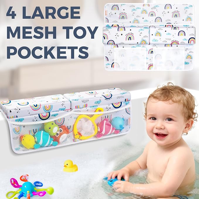 Bath Kneeler and Elbow Rest Pad Set, 1.5” Thick Bathtub Kneeling Mat | Cozy Memory Foam, Non-Slip 6 Suction Cups and 4 Toys Organizer Pockets, Quick-Dry Bath Kneeling Pad for Babies Toddlers