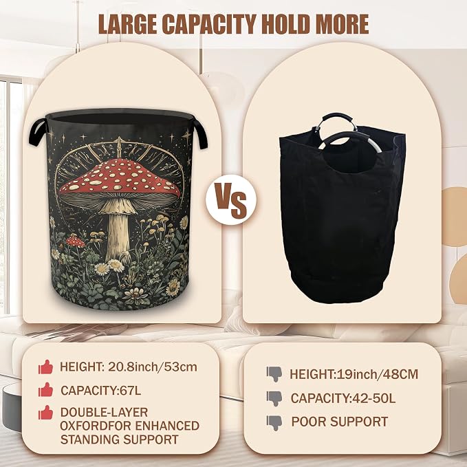 Laundry Basket Vintage Mushroom,Collapsible Waterproof Oxford Cloth with Handles,Celestial Forest Laundry Hamper Clothes Storage Bucket Toy Organizer for Bathroom/Nursery/Bedroom 16" x 20.8"