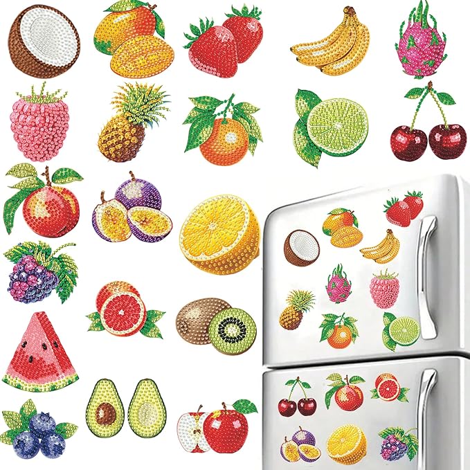 20pcs Fruit 2D Acrylic DIY Diamond Painting Fridge Magnets | Fridge Magnets 20 Pieces Diamond Painting Kit 2D Acrylic PET Magnetic Food Series DIY Art Home Car Decor Beginners Gift