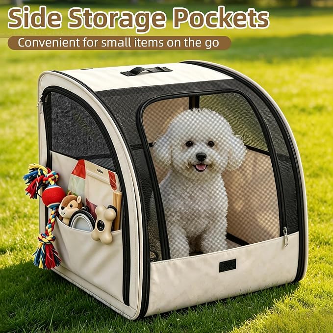 Dog Car Seat for Small Medium Dogs & Cats, Soft-Sided, Beige | Collapsible Pet Travel Carrier, Breathable Mesh, Car Kennel Secured with Seatbelt, Washable Pad, Enclosed Backseat Dog Crate