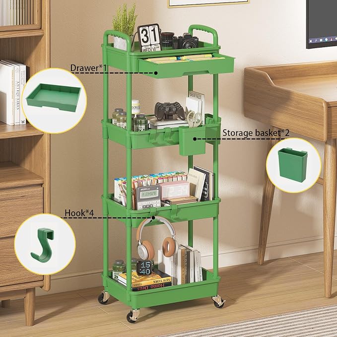 4 Tier Rolling Utility Cart with Drawer, Plastic Storage Organizer Rolling Carts with Wheels Handles Hanging Cups Hooks for Office, Bathroom, Kitchen,Craft Art Room (Green)