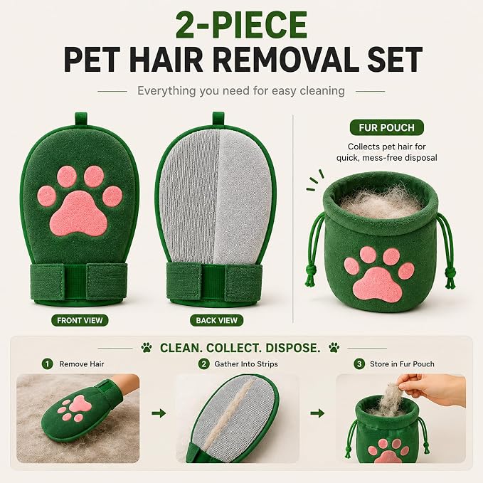 Paw Shape Pet Hair Remover Glove & Fur Storage Bag Set for Cats and Dogs (Green), Washable Pet Hair Remover, Soft Lint Cleaning Glove for Sofa Carpet Bed Clothes