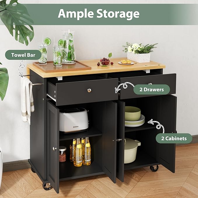 JY QAQA 39" Kitchen Island on Wheels with Storage Cabinet Kitchen Cart Cabinet with Shelves, Cart Handle for Towel Rack or Free Mobility, Portable Islands for Kitchen, Black