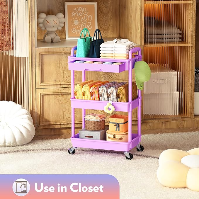 SUNALLY Makeup Cart Organizer with Drawer,3 Tier Rolling Makeup Cart,Purple | Rolling Vanity Storage for Skin Care Perfume Nail Polish, Floor Skincare Organizers Cosmetics Display Bathroom Storage Cart