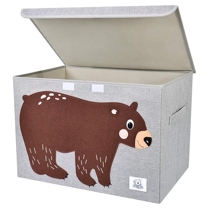 Large Toy Box Storage with Lid, Foldable Fabric Toy Chest Storage for Kids | Toy Organizer Basket, Collapsible Animal Print Storage Bin for Toddlers, Boys and Girls, Playroom, Baby Nursery (Bear)