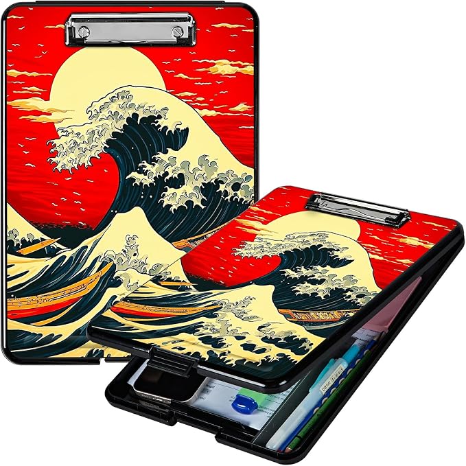 Red Sky Waves A4 Clipboard with Storage Pen Holder, Clipboards Organizer Nursing Clipboard Foldable File Folder Plastic Clipboard Folio Clip Board for Office Students Classroom Doctor