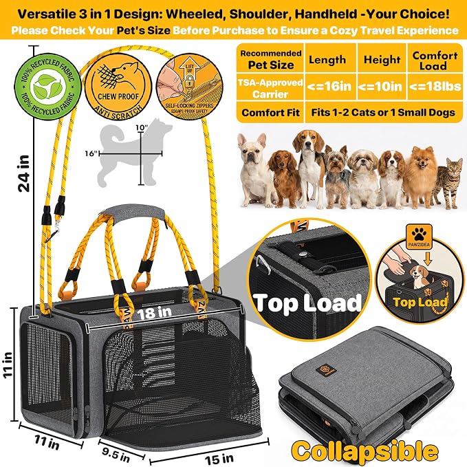 PAWZIDEA Expandable Pet Carrier for Small Cats & Dogs, TSA Airline Approved | 18"×11"×11" Soft-Sided Small Dog Travel Bag, Collapsible Top-Load Cat Carrier for 2 Cats Under Seat, Puppy Car Seat Up 15lbs