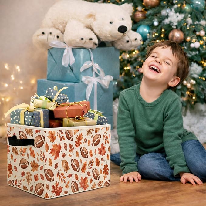 Football Fall Leaves Storage Bin, Fabric Organizer | Football and autumn leaves storage bin for toys, books, clothes, blankets, game day rooms, shelves, and closets.