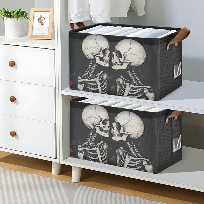 Romantic Skeleton Gothic Valentine's Day Storage Bins for Shelves with Labels&Handles Fabric Organizer Bin Foldable Rectangle Storage Basket Boxes for Closet, Bathroom, Home, Living Room