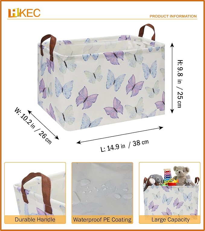 Rectangle Storage Basket with Handles, Collapsible Storage Bin, Books Box,Gift Basket(Blue & Purple Butterfly)