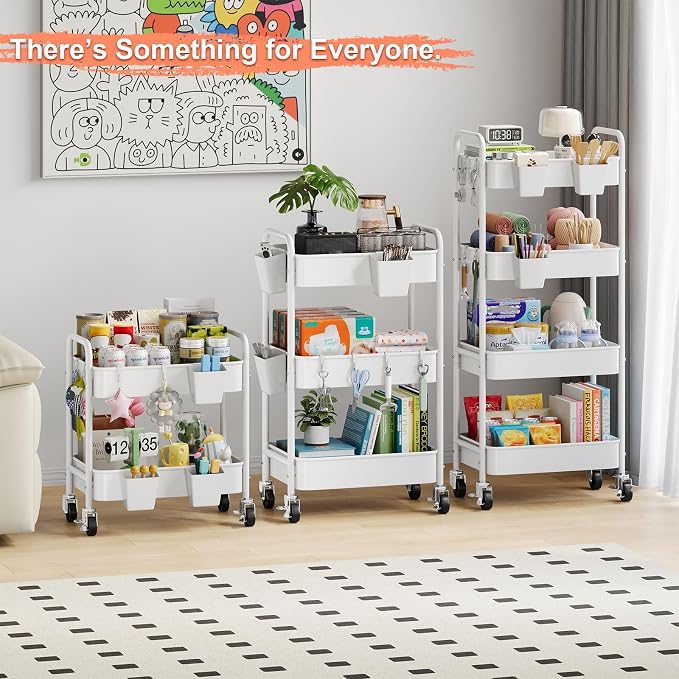 2 Tier Small Rolling Cart Metal with Wheels, White Under Desk Storage Cart on Wheels, Short Utility Roller Caddy Carts Organizer for Art,Craft,Pantry,Bathroom, Two Tiered Shelf Trolley,22 Inches Tall