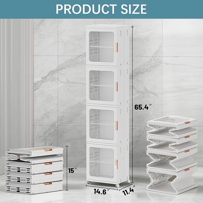 Tall Narrow Storage Cabinet, Plastic Organizer with Wheels, 4-Tier/White | Foldable Slim Cabinet for Bathroom, Kitchen, Laundry and Small Spaces, Adjustable Shelves & Magnetic Doors, Movable Wheels