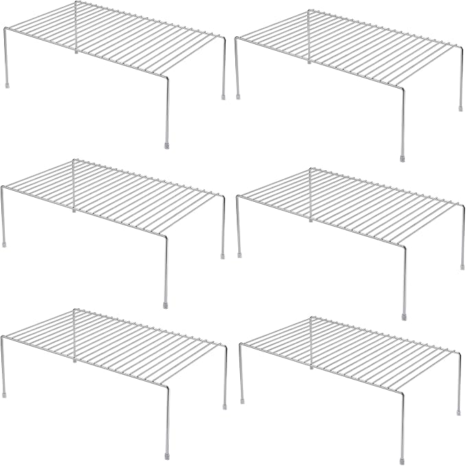 Set of 6 Large (15.7 x 9.4 Inch) Kitchen Cabinet Organizer Shelf, Wire Freezer Storage Shelves Rack, Rustproof Steel Metal Shelf Riser for Dish Plates Pantry Cupboard Organization, Chrome