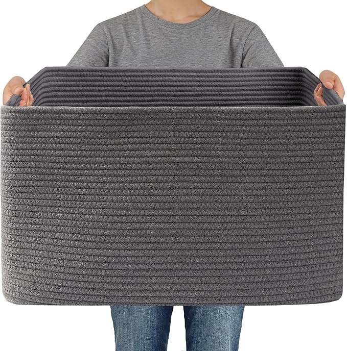 JMvicyroam 96L Large Woven Cotton Rope Blanket Basket, Grey | Blanket storage for living room or bedroom use, Freestanding with reinforced handles, Entire basket is machine washable