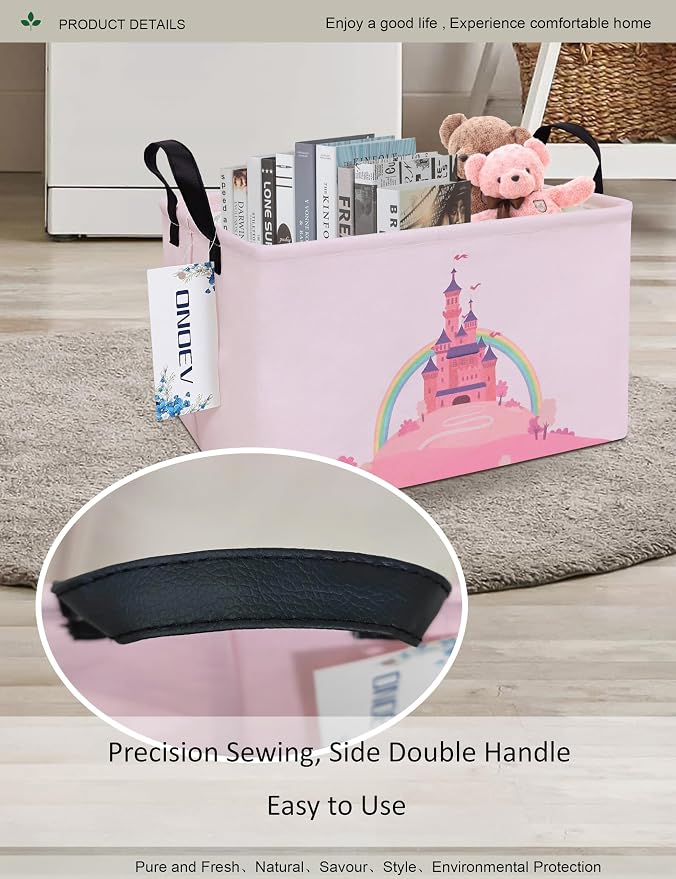 Rectangular Pink Castle Princess Closet Bedroom Storage Bin | Waterproof stain-proof cotton canvas, reinforced side grips, fairy castle print for girls, daily sundry arrangement