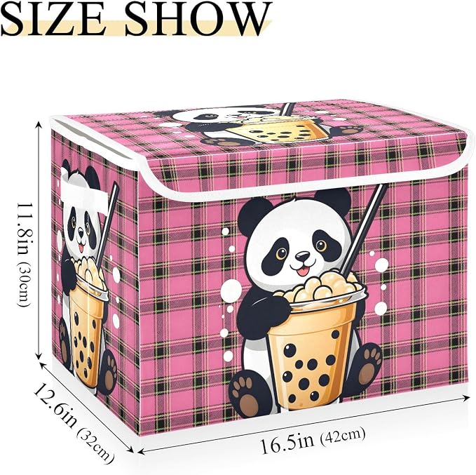 Panda Milk Tea Fabric Storage Bins with Lid Closet Storage Basket 40L | Foldable & Stackable, Flip Top Dust Guard, Reinforced Handles, Home & Bedroom, Clothes & Toys, Panda Print Basket