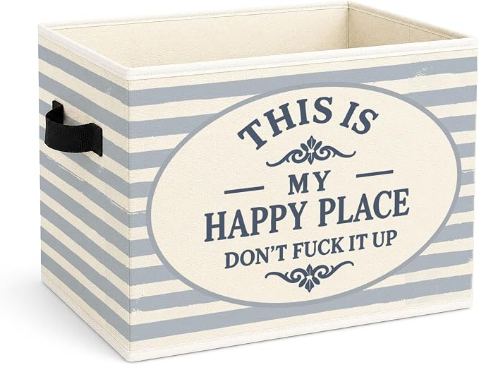 Happy Place Storage Bin, Foldable Fabric Basket for Home Organization | Foldable fabric storage bin with happy place quote design for toys, books, clothes, bedroom, closet, living room, and office.