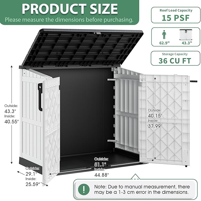 LHBcraft 36 Cu Ft Outdoor Storage Cabinet, Horizontal Resin Storage Shed Box for Backyards, Patios, Portable Waterproof Outdoor Storage Box with Lockable Doors, Ashen