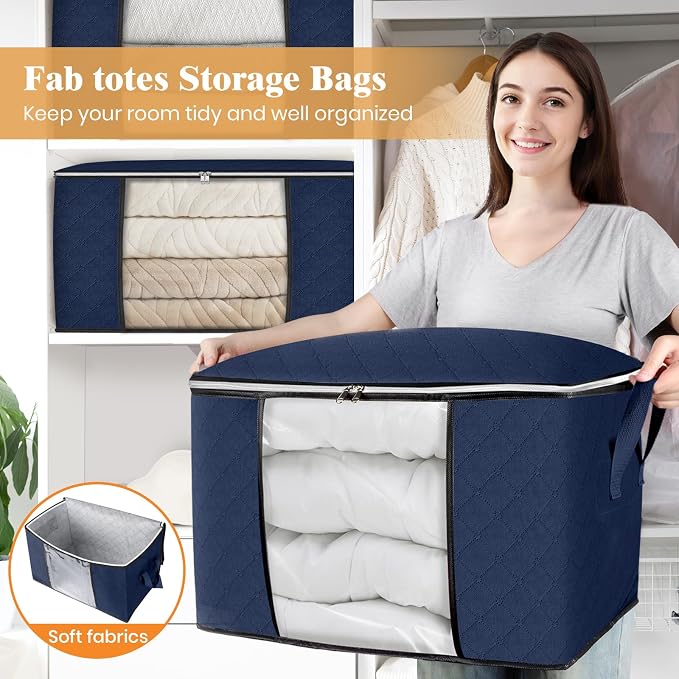 90L Clothes Storage, Foldable Thick Fabric Blanket Storage Bags | Foldable Containers with Zippers,Window and Handles for Organizing Bedroom, Closet, Comforter, Bedding,Dorm essentials