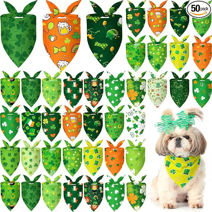 Abbylike 50 Pcs St Patrick's Day Dog Bandanas Bulk Green Shamrocks Bandanas for Dogs Triangle Kerchief Bibs Scarf for Pet Irish Costume Photo Props Pet Shops Groomer, 25 Styles (19.7 x 13.8 x 13.8)