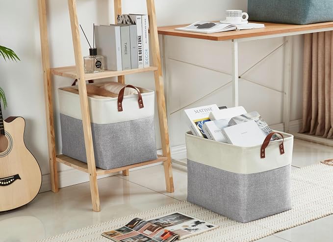 DECOMOMO Fabric Storage Bins, Extra Large Storage Baskets with Handles | 3 Pack Storage Baskets for Shelves, Laundry, Toys, Nursery (Grey & White)