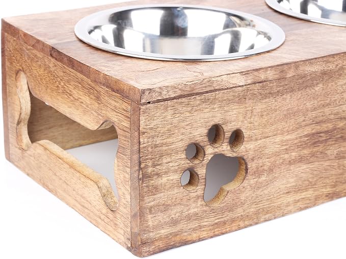 Wooden Dog Cat Pet Feeder Station Stand with 2 Stainless Steel Bowls | Raised Cat Bowl Dogs Bowl Elevated Cat Dog | Pet Dining Table for Cats and Puppy | 16 x 8.5 x 5 Inches
