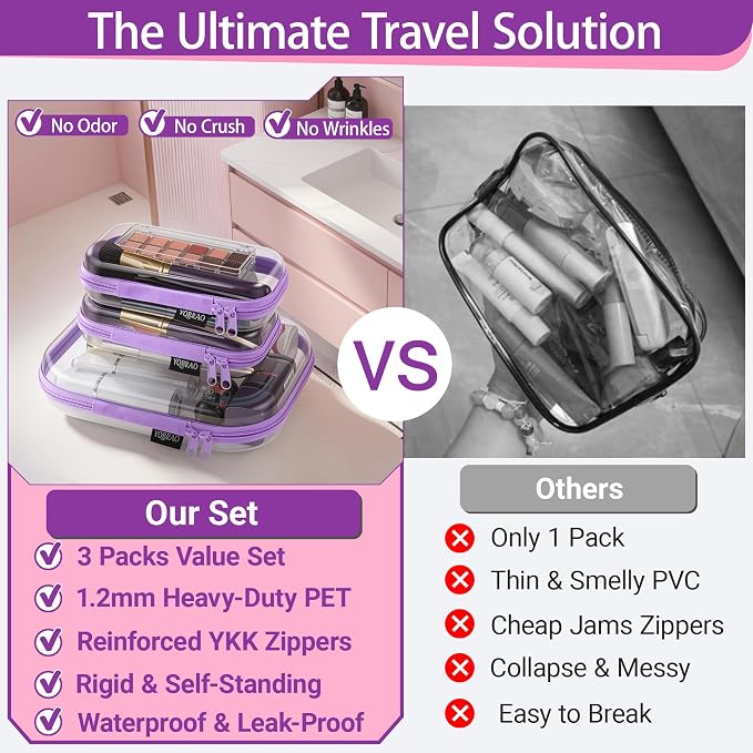 YQBRAO Clear Hard Shell Organizer Cases, 3-Pack, Purple | Rigid 1.2 mm PET organizers with multi-size design for cosmetics, travel storage, and everyday essentials