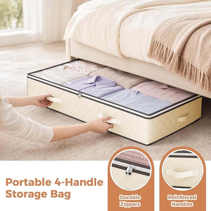 95L Under Bed Storage Containers, 2 Pack Beige | Underbed Storage Bags for Blankets, Towels, Comforter, Sweaters, Linen Sheets, Wrapping Paper