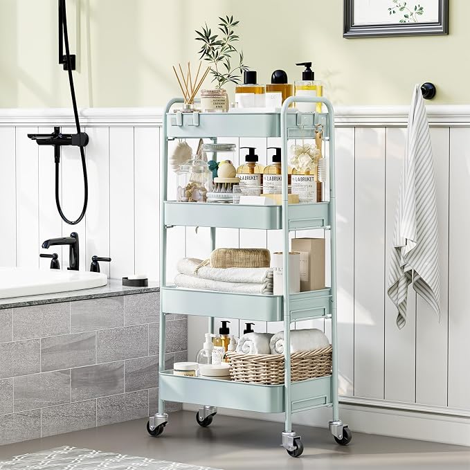 TOOLF 4 Tier Metal Rolling Cart, Utility Storage Cart with Wheels, Green | Screwless Assembly, Lockable Metal Wheels, Trolley Organizer for Bathroom, Kitchen, Office, Dorm, Laundry, Craft Room