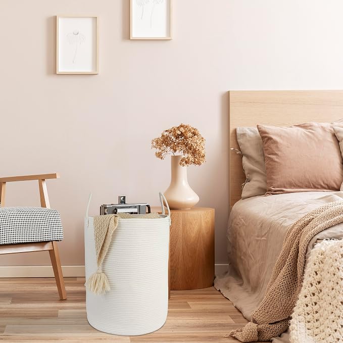 XUANGUO White Cotton Rope Laundry Basket Hamper for Clothes Large | Baby Nursery Hamper Bin and Woven Storage Basket for Living Room Bedroom Boho Tall Rope Baskets Blankets Toys Pillow Towels