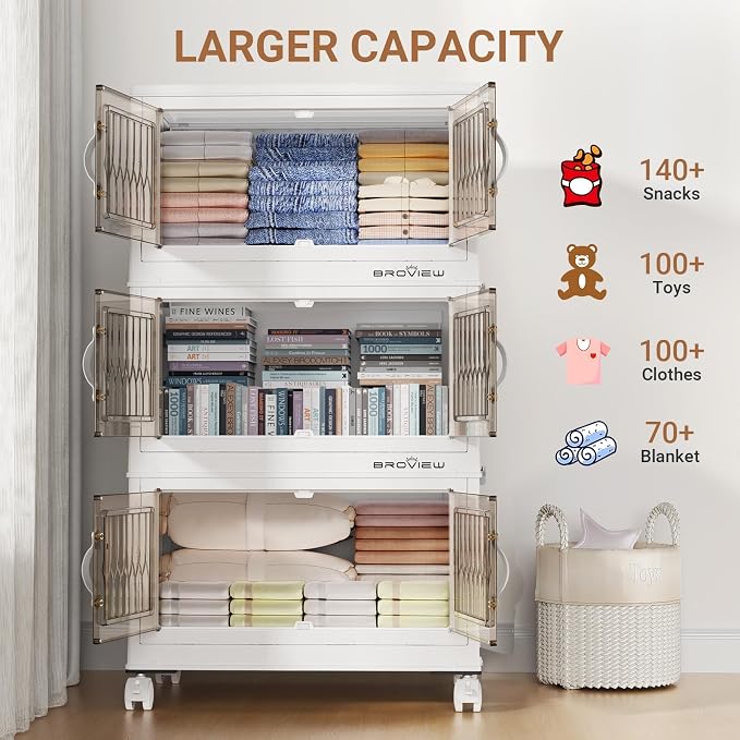 BROVIEW 135Qt Stackable Storage Bins with Lid for Home Dorm, 3Pack White | Closet Organizers, Foldable & Collapsible Cabinets, Large Containers, Wheels & Magnetic Doors, Plastic Drawers for School