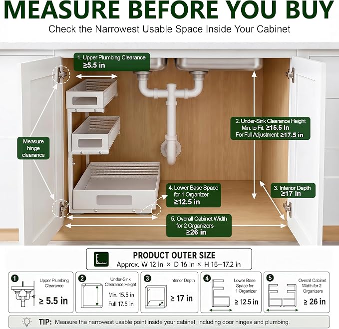 3 Tier Under Sink Organizer,1 Pack Pull Out Cabinet Shelves with Adjustable Height,Heavy Duty Carbon Steel L-Shaped Storage for Kitchen Bathroom Sink,Pantry & Laundry,White