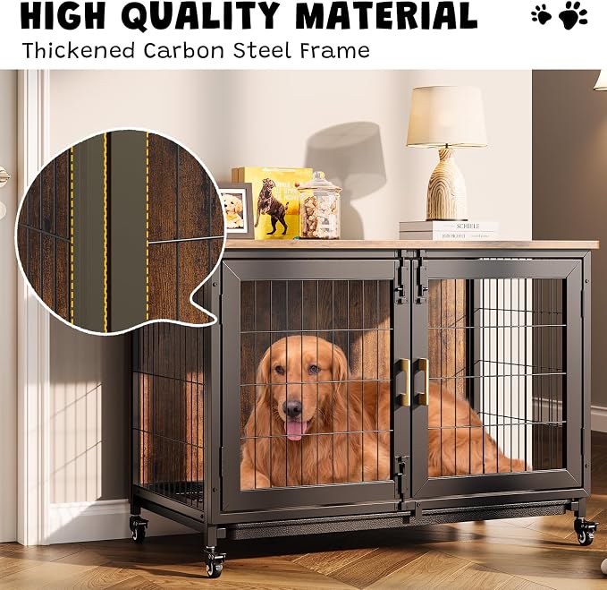 GarveeLife 37.5 in Dog Kennel Furniture, Heavy Duty Dog Crate Furniture with Wheels, Grid Base, Removable Tray, Latches, Indoor Farmhouse Dog Cage for Medium and Small Dogs, Brown