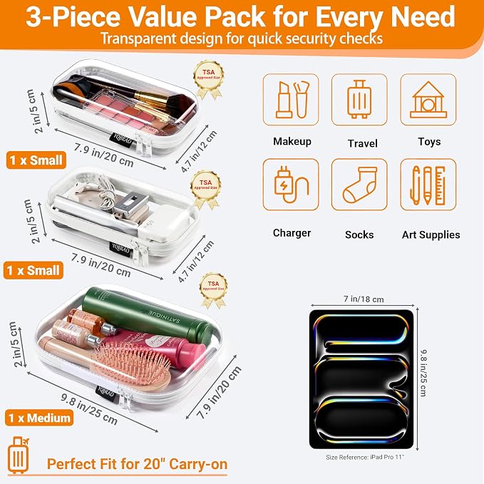 YQBRAO Clear Hard Shell Zipper Cases, 6 Travel Organizers, 2M 4S, White | Rigid clear shells in two practical sizes separate toiletries, skincare, cosmetics, chargers and frequently used accessories