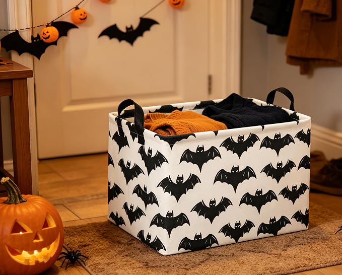 Halloween Basket Empty for Rectangular bat Storage Bins Organizer Bin Box Cute Bat Room Decor for Home(Black Bats)