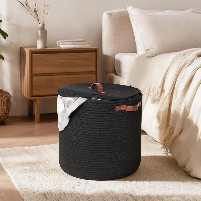 Storage Basket with Lid, 15"x13" Round Woven Blanket Storage for Living Room, Decorative Cotton Rope Hamper with Zipper Top, Black Laundry Basket with Lid, Floor Covered Kids Dog Toy Bin Box