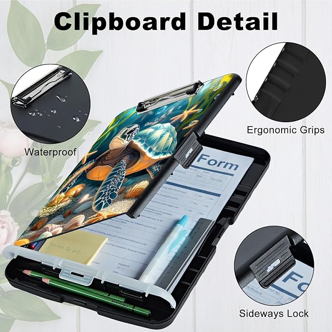 A4 Clipboard with Storage Pen Holder, Clipboards Organizer Nursing Clipboard Foldable File Folder Plastic Clipboard Folio Clip Board for Office Work Classroom Doctor, Sea Turtle Seaweed