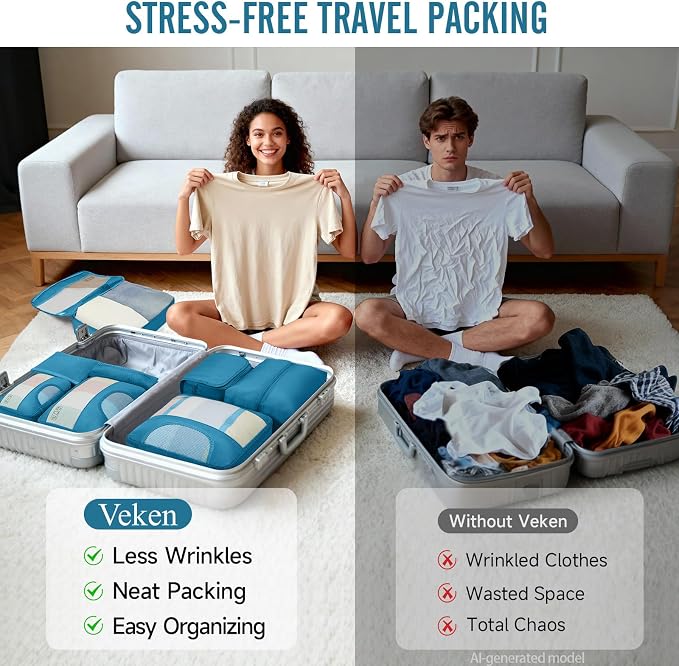 Veken 8 Set Packing Cubes for Travel Essentials, Suitcase Organizer Bags in 4 Sizes, Carry-On Luggage Accessories with Laundry Bag, Airplane Must Have with 99-Count Mesh Holes