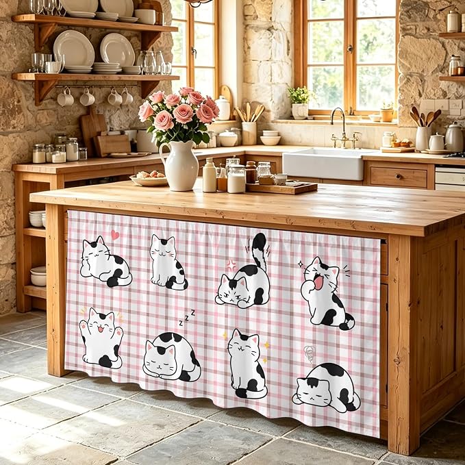 Cute Cat Cabinet Curtains 28"x51" Sink Skirt for Bathroom Kitchen, Modern Playful Pet Cats Pink Brown Plaid Self Stick Adhesive Under Desk Covers Tall Laundry Cabinet Storage Organizer