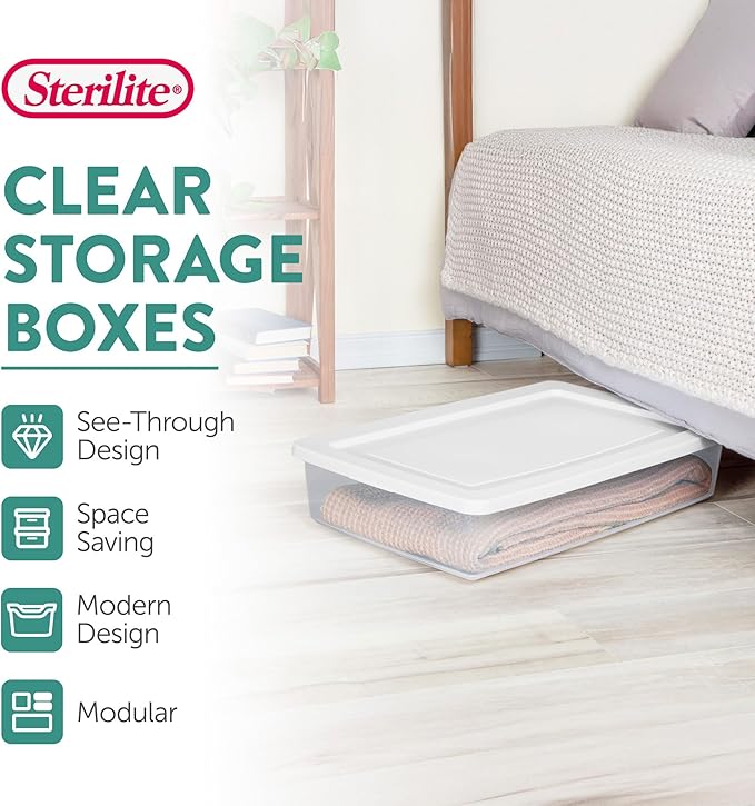 Sterilite 41 Qt Underbed Storage Box, Stackable Bin with Lid, Plastic Container to Organize Bedroom, Clear Base and White Lid, (Pack of 6) | Clear Plastic Containers with Secure Snapping White Lids for Home and Office Organization