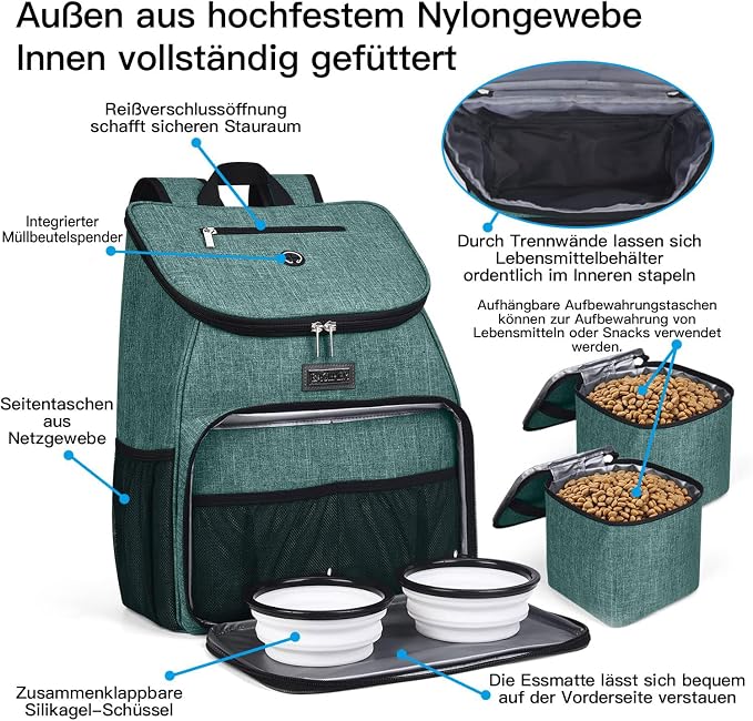 BAGLHER丨Dog Travel Bag, Airline Approved Pet Supplies Backpack, Dog Travel Backpack Accessories Set with 2 Silicone Collapsible Bowls and 2 Food Baskets. Green
