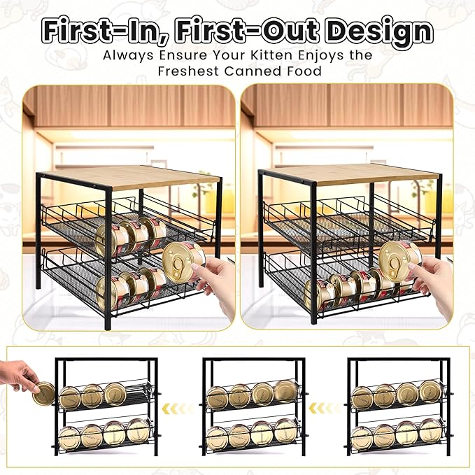 Bamboo & Iron Cat Food Organizer, 2-Tier Stackable Rack Holds 48 Cans 3oz | FIFO auto slide-down,Flat top storage, Organizes pantry & pet food cans
