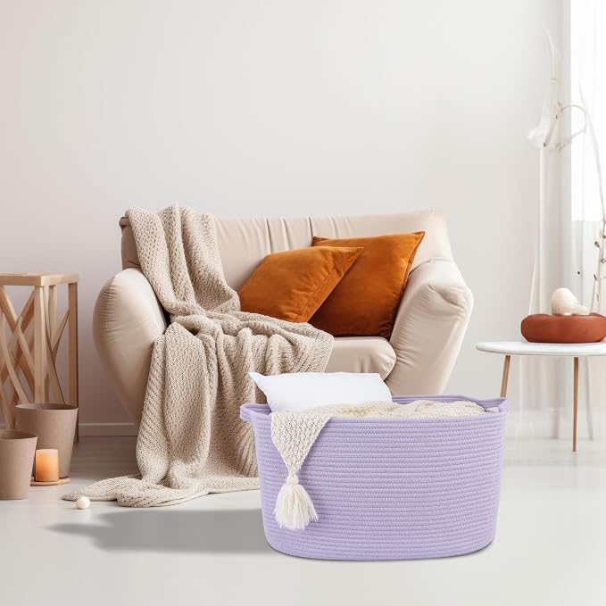 XUANGUO Large Woven Cotton Rope Blanket Basket 22"x17"x12" Lavender Purple | Storage basket for nursery and living room; toy basket for kids, laundry basket for clothes and towels, or gift basket.