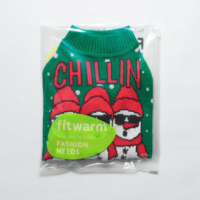 Fitwarm Chillin with My Snowmies Dog Ugly Christmas Sweater, Winter Dog Clothes for Small Dogs Girl Boy, Pet Holiday Sweatshirt, Xmas Snowman Outfit, Green, Red, White, Small
